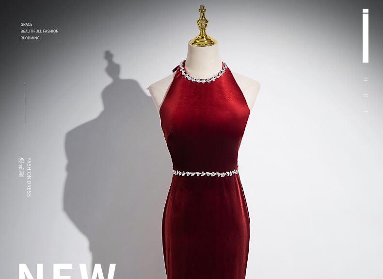 Neck Velvet Evening Rhinestone Back Sleeveless Bow Plain Gown Round Mermaid Cutout