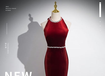 Neck Velvet Evening Rhinestone Back Sleeveless Bow Plain Gown Round Mermaid Cutout