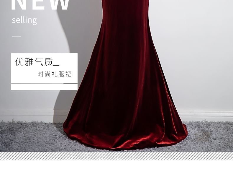 Neck Velvet Evening Rhinestone Back Sleeveless Bow Plain Gown Round Mermaid Cutout