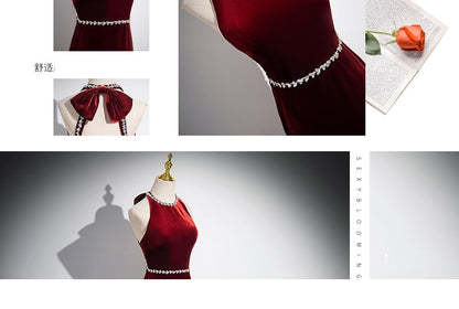 Neck Velvet Evening Rhinestone Back Sleeveless Bow Plain Gown Round Mermaid Cutout