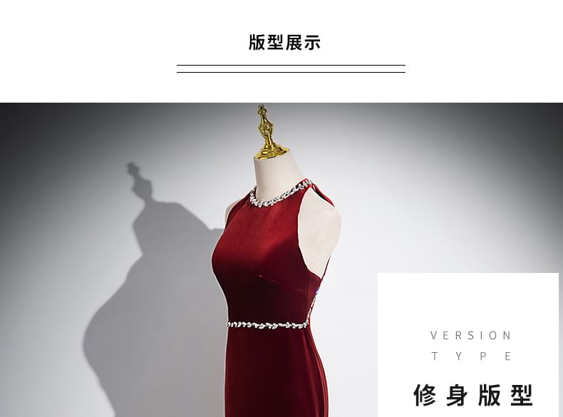 Neck Velvet Evening Rhinestone Back Sleeveless Bow Plain Gown Round Mermaid Cutout