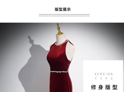 Neck Velvet Evening Rhinestone Back Sleeveless Bow Plain Gown Round Mermaid Cutout