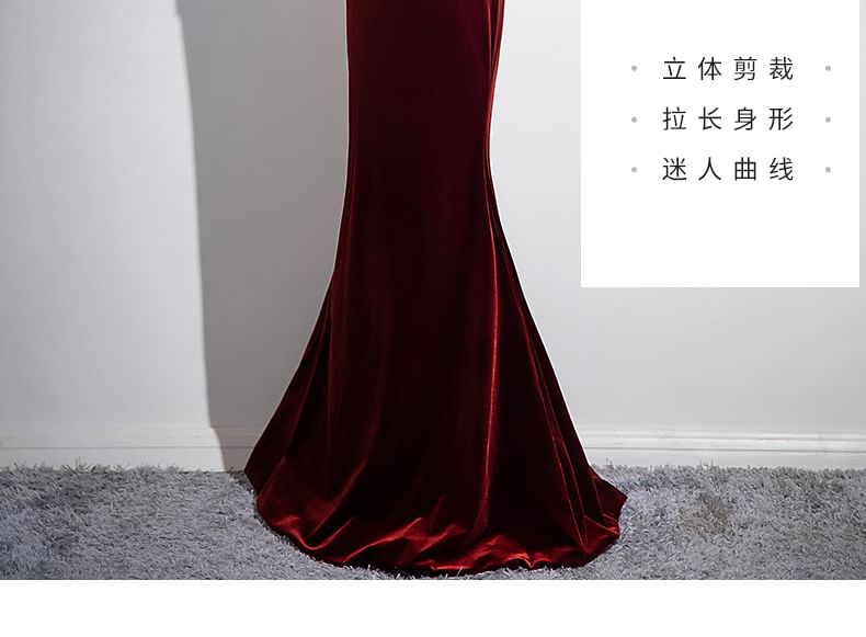 Neck Velvet Evening Rhinestone Back Sleeveless Bow Plain Gown Round Mermaid Cutout