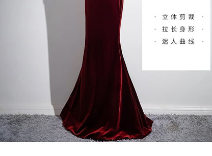 Neck Velvet Evening Rhinestone Back Sleeveless Bow Plain Gown Round Mermaid Cutout