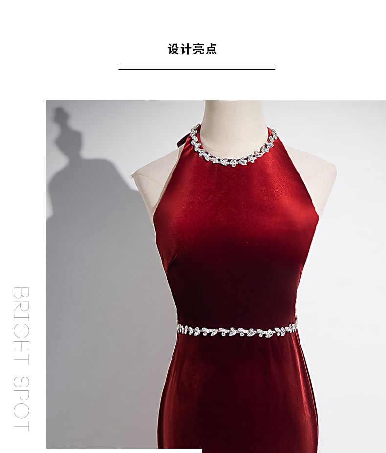 Neck Velvet Evening Rhinestone Back Sleeveless Bow Plain Gown Round Mermaid Cutout
