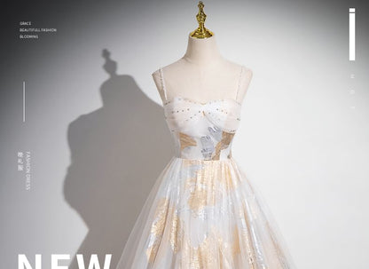 Strap Patterned Print A-Line Evening Gown Mesh Spaghetti Beaded