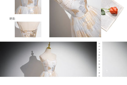 Strap Patterned Print A-Line Evening Gown Mesh Spaghetti Beaded