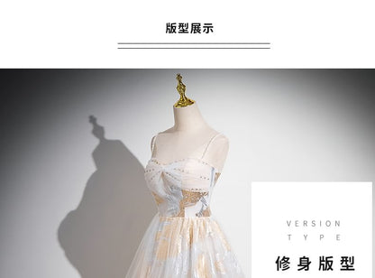 Strap Patterned Print A-Line Evening Gown Mesh Spaghetti Beaded