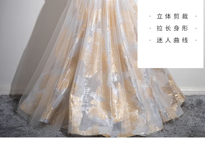 Strap Patterned Print A-Line Evening Gown Mesh Spaghetti Beaded