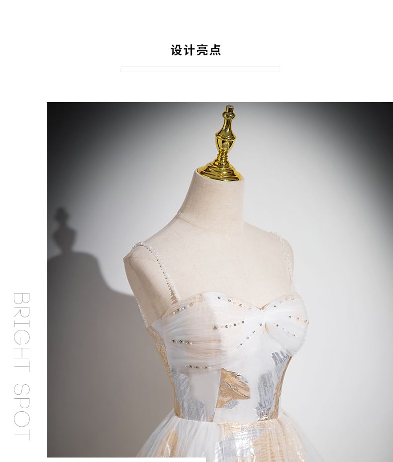 Strap Patterned Print A-Line Evening Gown Mesh Spaghetti Beaded