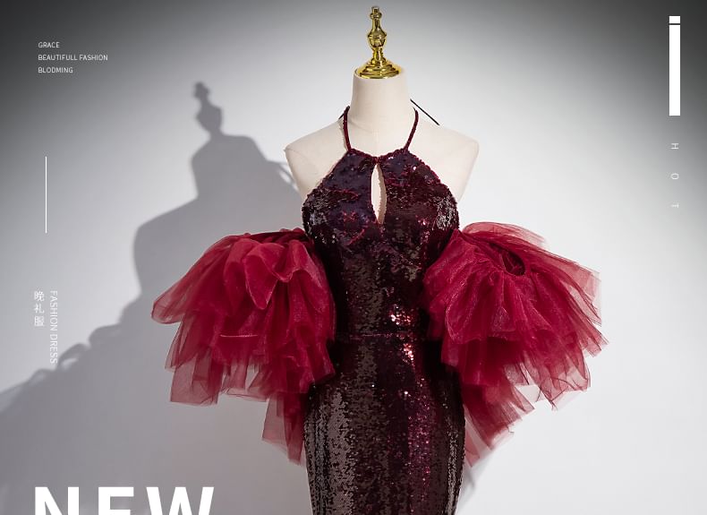 Mermaid Sequin Gown Evening Halter Panel Mesh