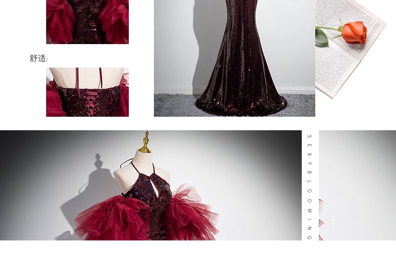 Mermaid Sequin Gown Evening Halter Panel Mesh