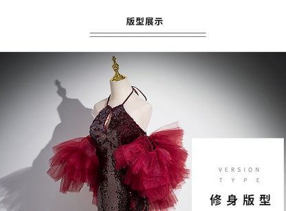 Mermaid Sequin Gown Evening Halter Panel Mesh