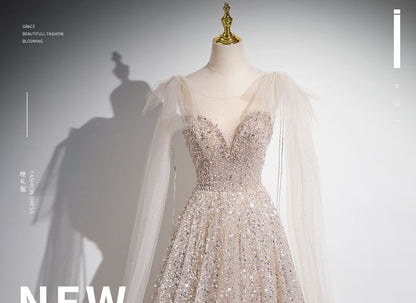 Neck Evening Bow Gown Round Mesh Sleeveless Sequin A-Line