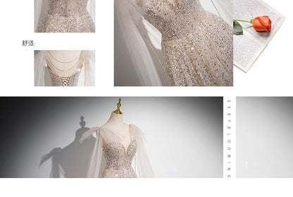 Neck Evening Bow Gown Round Mesh Sleeveless Sequin A-Line