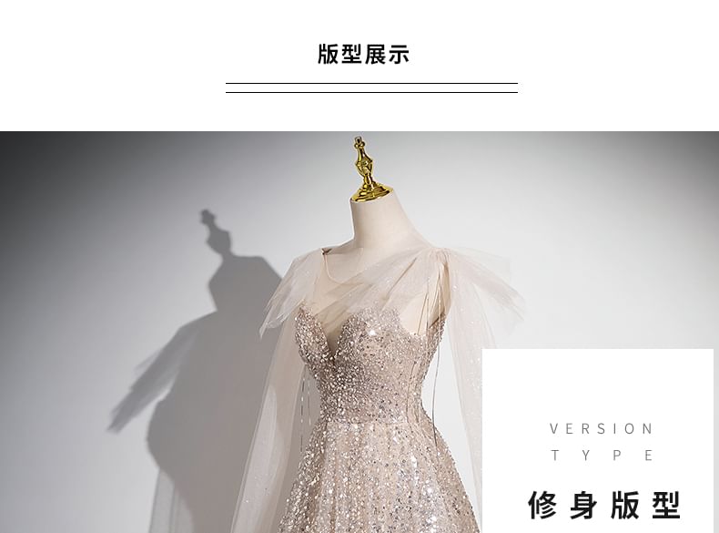 Neck Evening Bow Gown Round Mesh Sleeveless Sequin A-Line