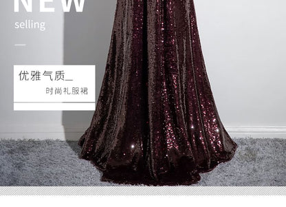 Short-Sleeve Off Shoulder Plain Rhinestone Sequin A-Line Evening Gown