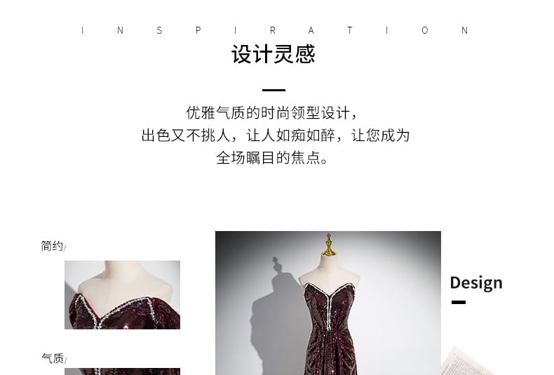 Plain Rhinestone Evening Sequin Shoulder Short-Sleeve A-Line Off Gown