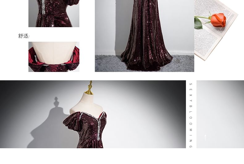 Plain Rhinestone Evening Sequin Shoulder Short-Sleeve A-Line Off Gown