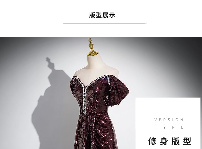 Plain Rhinestone Evening Sequin Shoulder Short-Sleeve A-Line Off Gown