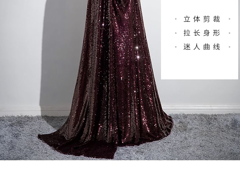 Plain Rhinestone Evening Sequin Shoulder Short-Sleeve A-Line Off Gown