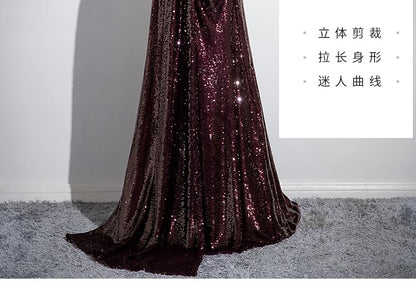 Plain Rhinestone Evening Sequin Shoulder Short-Sleeve A-Line Off Gown