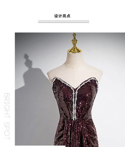 Plain Rhinestone Evening Sequin Shoulder Short-Sleeve A-Line Off Gown