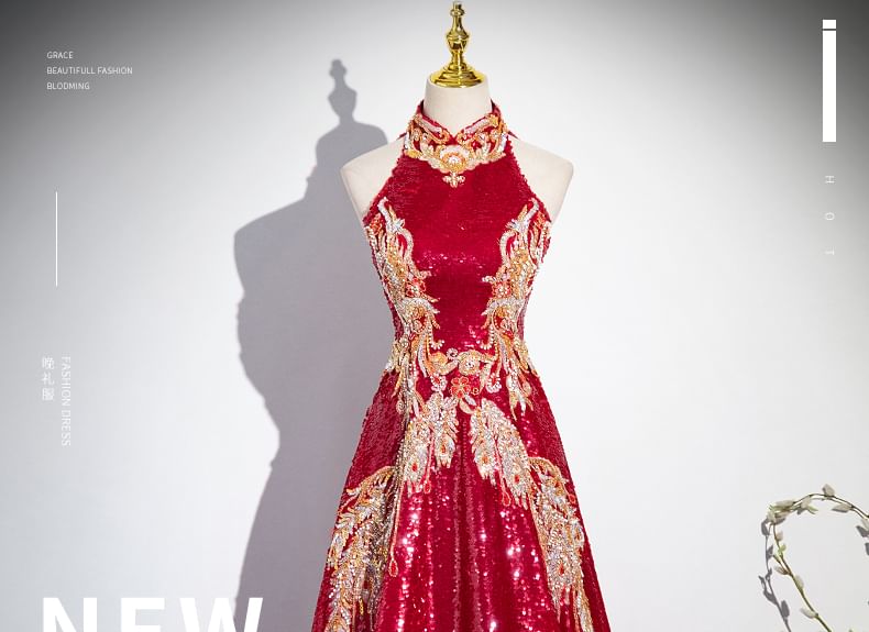 Cutout Embroidered Sleeveless Collar Gown Sequin Stand Patterned Back Evening A-Line