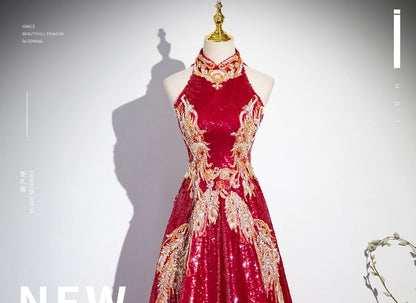 Cutout Embroidered Sleeveless Collar Gown Sequin Stand Patterned Back Evening A-Line