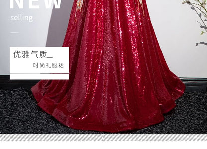 Sleeveless Stand Collar Patterned Embroidered Sequin Cutout Back A-Line Evening Gown