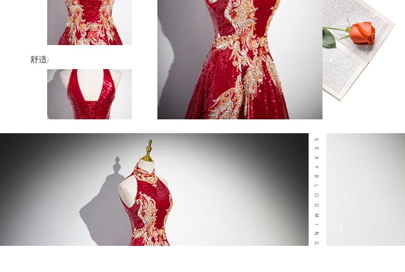 Cutout Embroidered Sleeveless Collar Gown Sequin Stand Patterned Back Evening A-Line