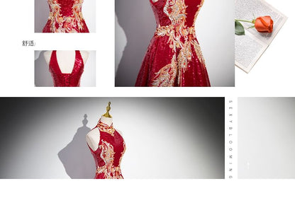 Cutout Embroidered Sleeveless Collar Gown Sequin Stand Patterned Back Evening A-Line