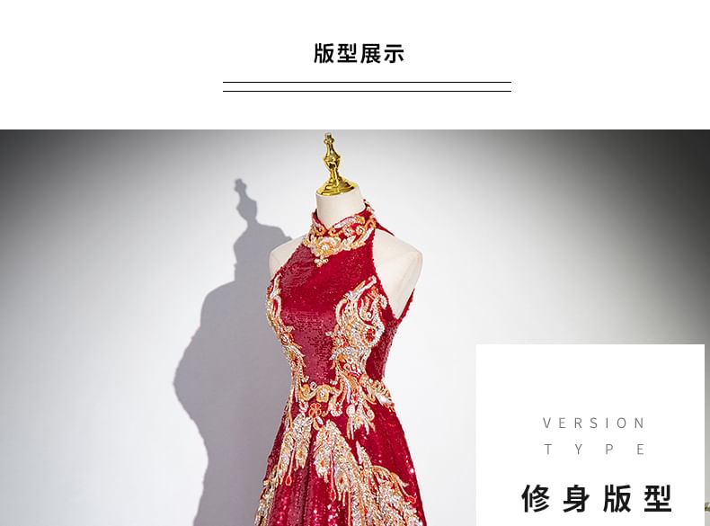 Cutout Embroidered Sleeveless Collar Gown Sequin Stand Patterned Back Evening A-Line