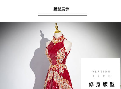 Sleeveless Stand Collar Patterned Embroidered Sequin Cutout Back A-Line Evening Gown