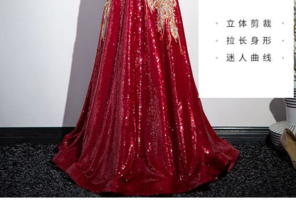 Sleeveless Stand Collar Patterned Embroidered Sequin Cutout Back A-Line Evening Gown