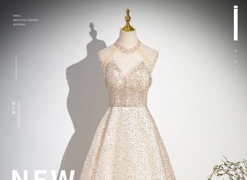 Mesh Mock A-Line Beaded Evening Glitter Sleeveless Gown Neck