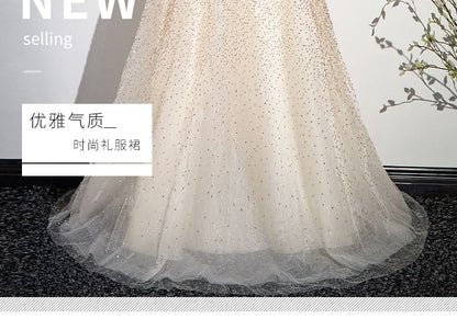 Mesh Mock A-Line Beaded Evening Glitter Sleeveless Gown Neck