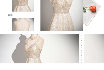 Sleeveless Mock Neck Beaded Glitter Mesh A-Line Evening Gown