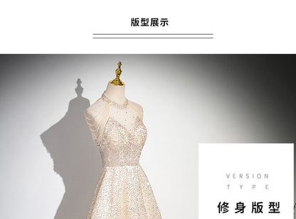 Mesh Mock A-Line Beaded Evening Glitter Sleeveless Gown Neck