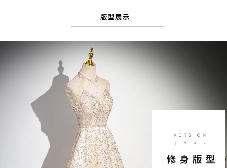 Sleeveless Mock Neck Beaded Glitter Mesh A-Line Evening Gown