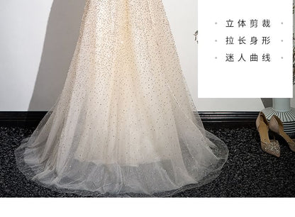 Mesh Mock A-Line Beaded Evening Glitter Sleeveless Gown Neck