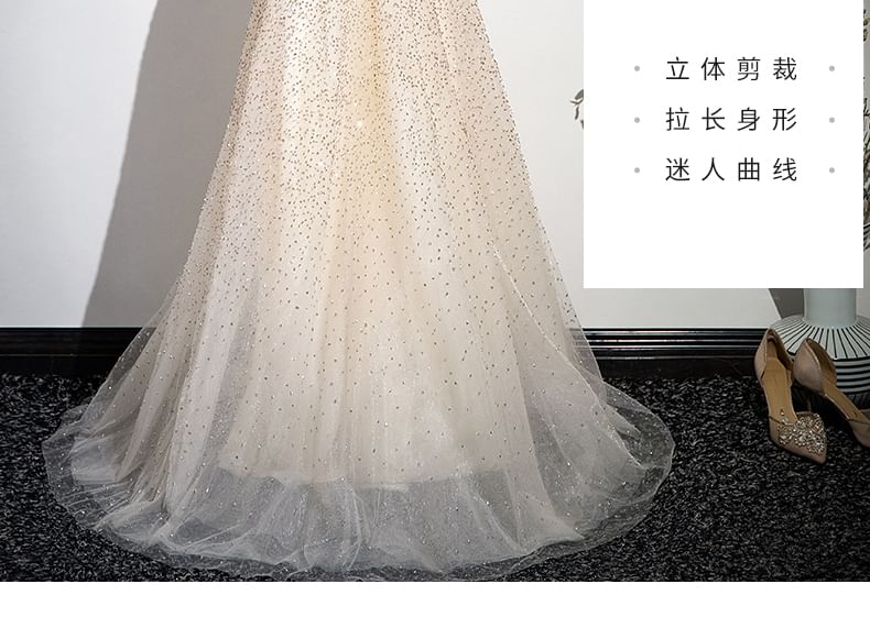 Sleeveless Mock Neck Beaded Glitter Mesh A-Line Evening Gown