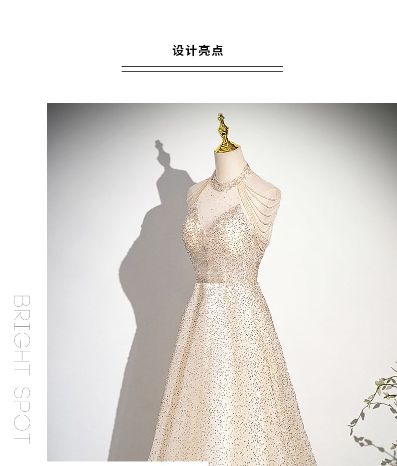 Sleeveless Mock Neck Beaded Glitter Mesh A-Line Evening Gown