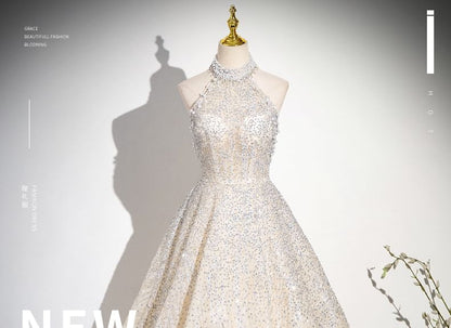 Sleeveless Mock Neck Beaded Glitter Mesh A-Line Evening Gown