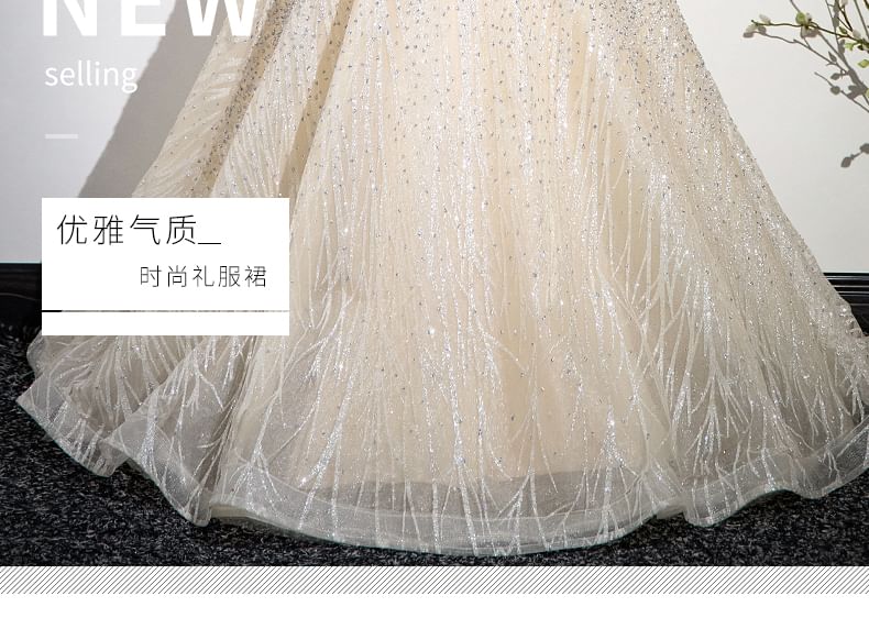 Sleeveless Mock Neck Beaded Glitter Mesh A-Line Evening Gown