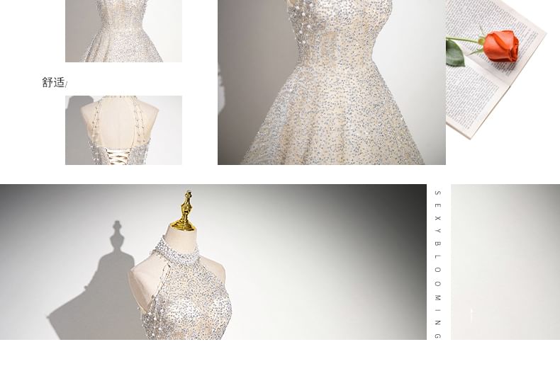 Sleeveless Mock Neck Beaded Glitter Mesh A-Line Evening Gown