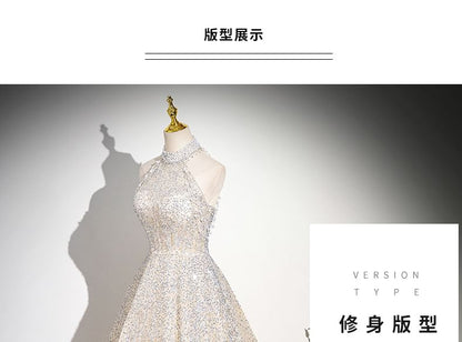 Glitter Sleeveless Gown Mesh Evening A-Line Neck Beaded Mock