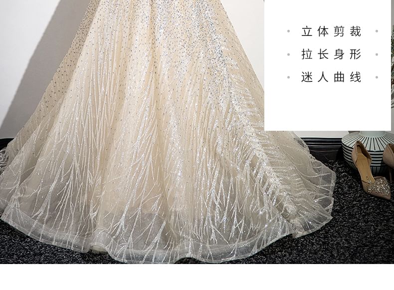 Glitter Sleeveless Gown Mesh Evening A-Line Neck Beaded Mock