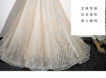 Glitter Sleeveless Gown Mesh Evening A-Line Neck Beaded Mock