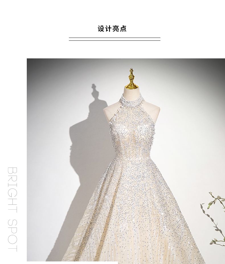 Beaded Sleeveless A-Line Glitter Gown Evening Neck Mesh Mock